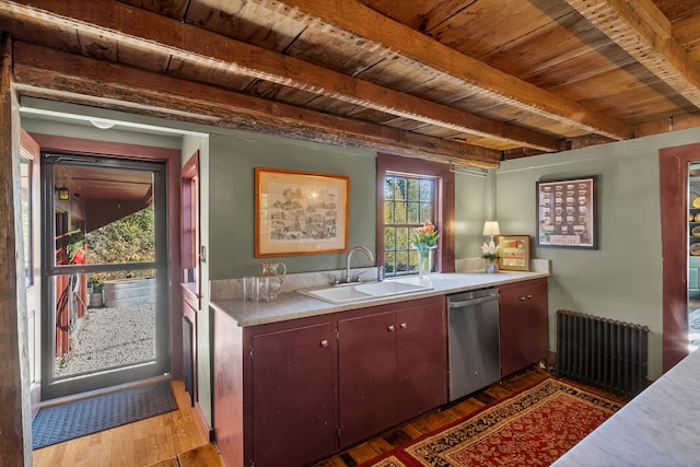 kitchen with dark wood-type flooring, sink, wooden ceiling, beamed ceiling, and dishwasher