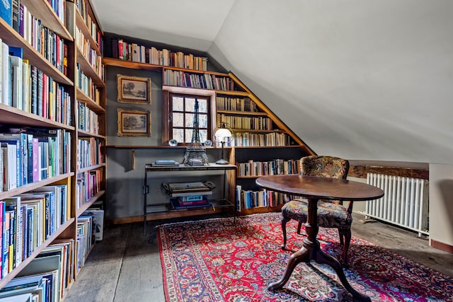 living area with radiator heating unit, dark hardwood / wood-style floors, and lofted ceiling