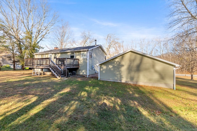 back of house with a deck and a lawn