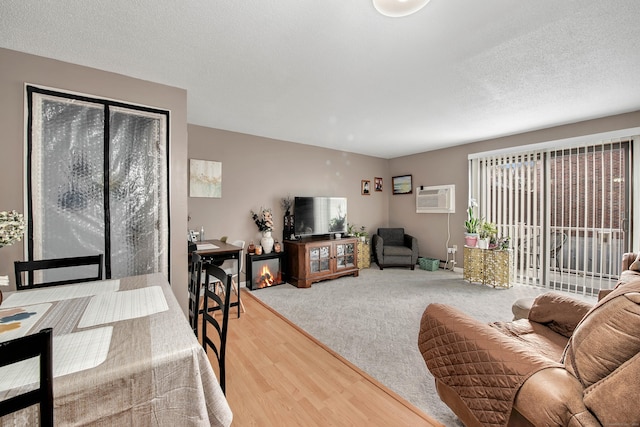 living room with a textured ceiling, hardwood / wood-style floors, and a wall mounted AC