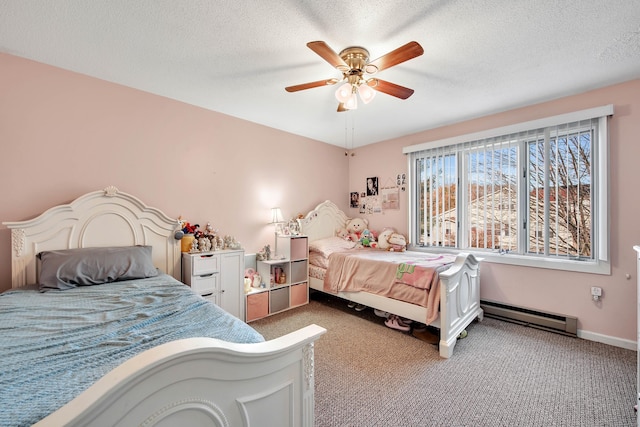 bedroom featuring ceiling fan, light colored carpet, a baseboard radiator, and a textured ceiling