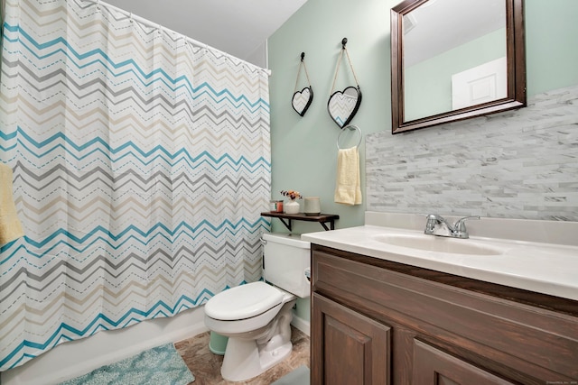 full bathroom with toilet, shower / bathtub combination with curtain, tasteful backsplash, and vanity