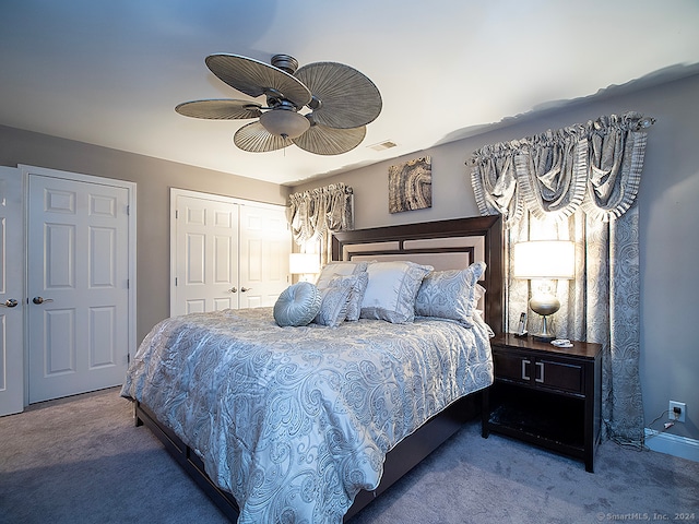 bedroom featuring ceiling fan and carpet floors