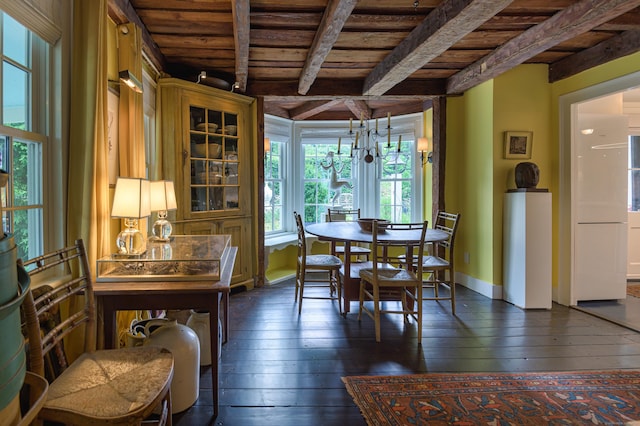 279 Black Rock Tpke, Redding, CT 06896 - dining space featuring a wood ceiling with exposed beams and dark wood-style flooring