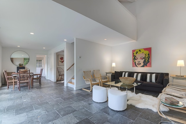 279 Black Rock Tpke, Redding, CT 06896 - living area with stairway, recessed lighting, and stone tile floors