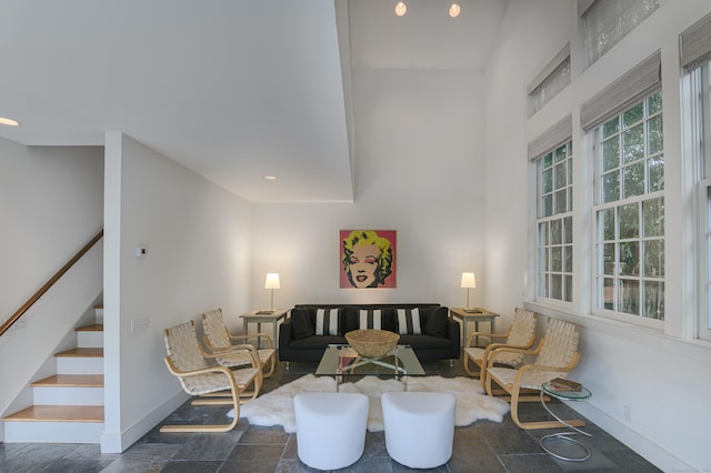 279 Black Rock Tpke, Redding, CT 06896 - living room with stairway, a towering ceiling, and recessed lighting
