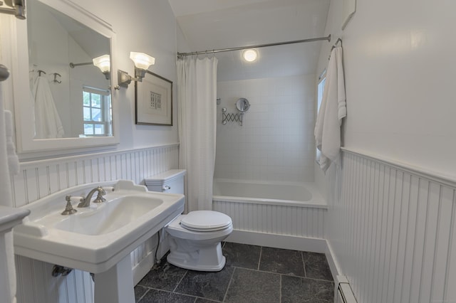 279 Black Rock Tpke, Redding, CT 06896 - bathroom with shower / tub combo, wainscoting, and tile patterned flooring