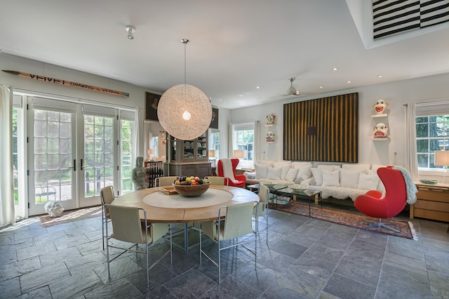 279 Black Rock Tpke, Redding, CT 06896 - dining area featuring stone tile floors, recessed lighting, french doors, and ceiling fan