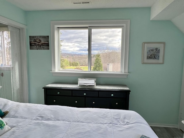 bedroom with multiple windows, wood finished floors, and baseboards