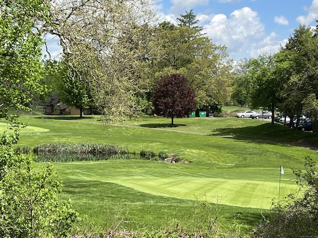 view of property's community with view of golf course and a lawn