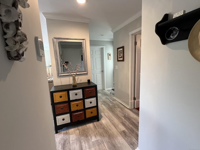 hall with light wood finished floors, crown molding, and baseboards