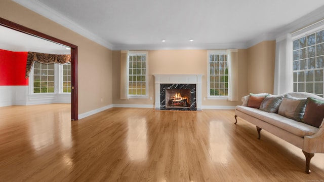 living room with ornamental molding, a premium fireplace, wood finished floors, and plenty of natural light