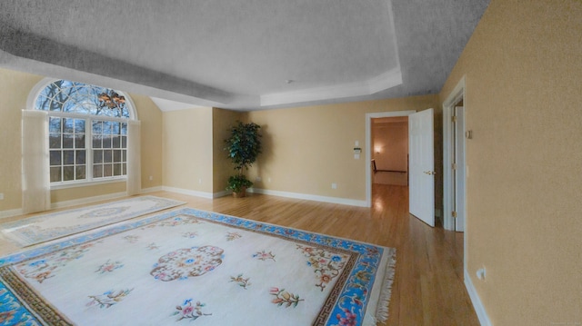 spare room featuring a textured ceiling, hardwood / wood-style flooring, and a tray ceiling