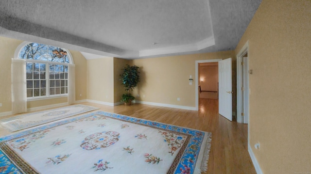 interior space featuring baseboards, wood finished floors, a textured ceiling, and a raised ceiling