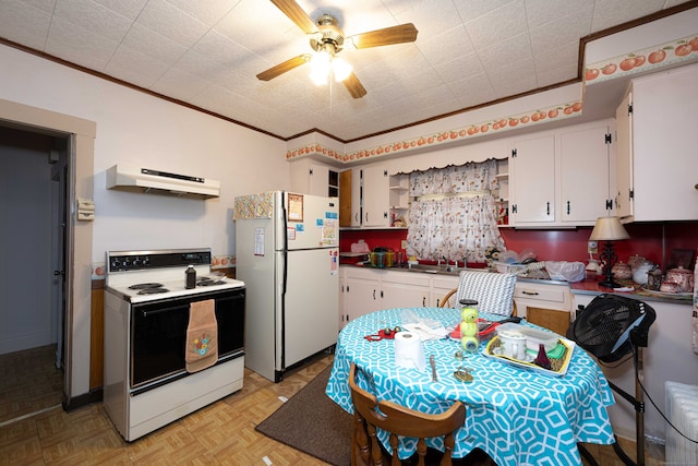 kitchen featuring white cabinetry, ventilation hood, crown molding, light parquet floors, and white appliances