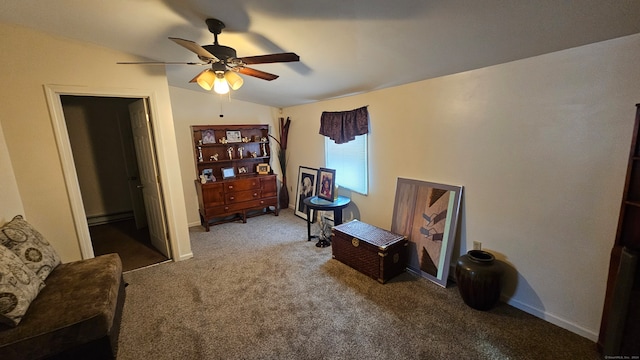 living area featuring carpet flooring, baseboard heating, ceiling fan, and lofted ceiling