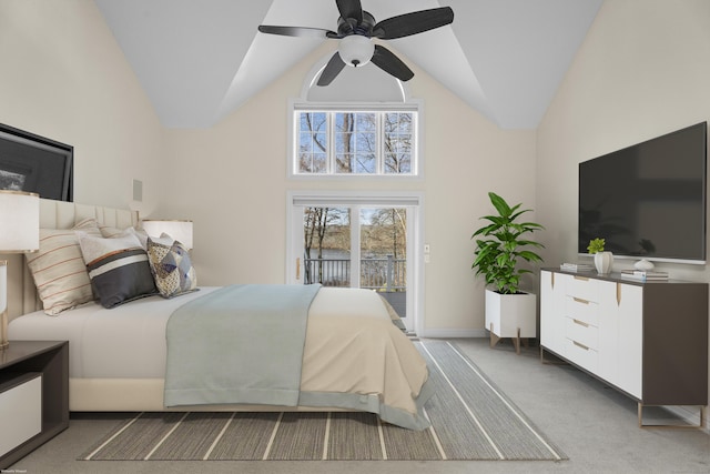 bedroom with access to exterior, ceiling fan, carpet, and high vaulted ceiling