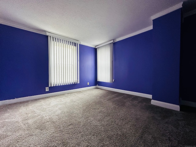 spare room with carpet, a textured ceiling, and crown molding