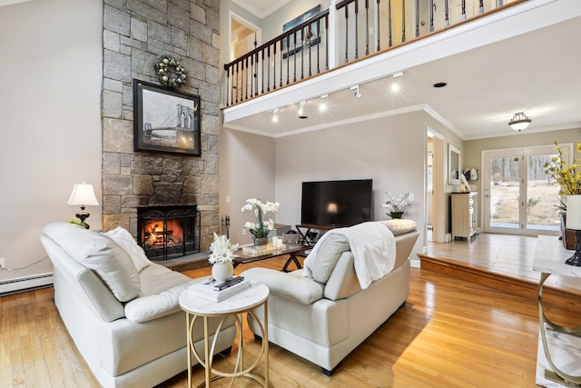 living room featuring crown molding, a fireplace, and light wood-type flooring