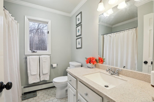 bathroom featuring ornamental molding, toilet, vanity, and a baseboard heating unit