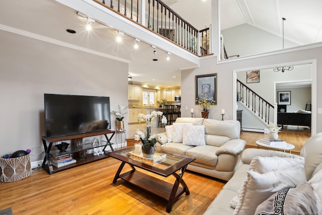 living room with ornamental molding, high vaulted ceiling, light wood-type flooring, and a baseboard radiator