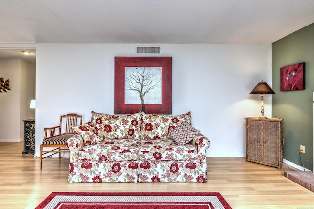 living room featuring a textured ceiling and light wood-type flooring