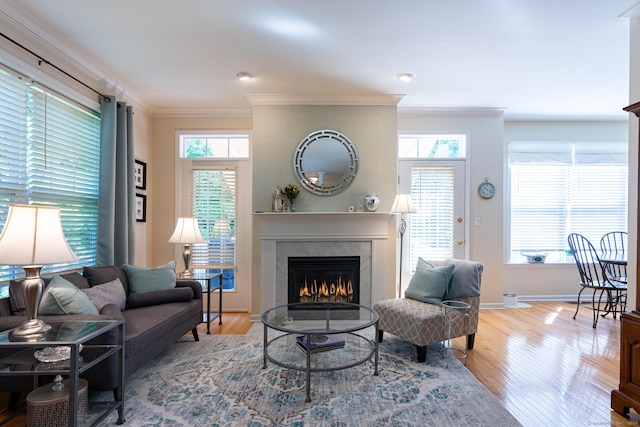 living room featuring a wealth of natural light, crown molding, and light hardwood / wood-style floors