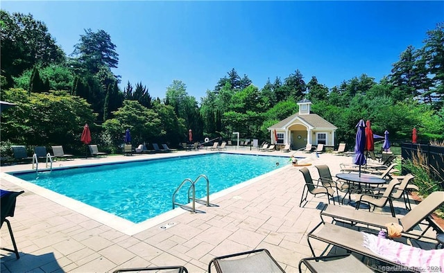 view of swimming pool with a patio area