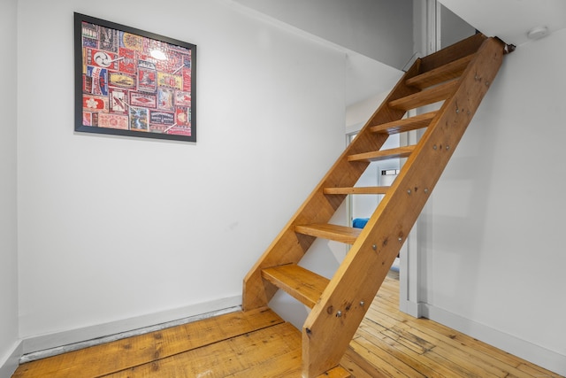 stairway with hardwood / wood-style flooring