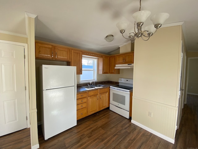 kitchen with sink, hanging light fixtures, dark wood-type flooring, a notable chandelier, and white appliances