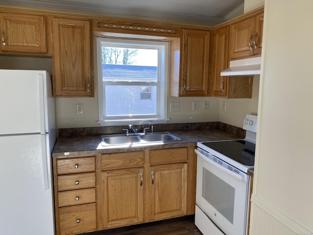 108-16 Clark Rd, Naugatuck, CT 06770 - kitchen with white appliances, under cabinet range hood, a sink, dark countertops, and crown molding