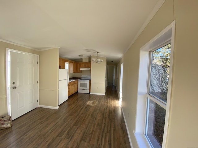 108-16 Clark Rd, Naugatuck, CT 06770 - kitchen with white appliances, under cabinet range hood, crown molding, a chandelier, and dark wood-type flooring