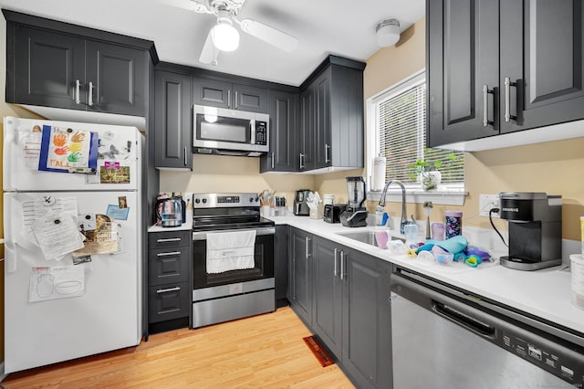 kitchen featuring ceiling fan, light hardwood / wood-style floors, sink, and stainless steel appliances