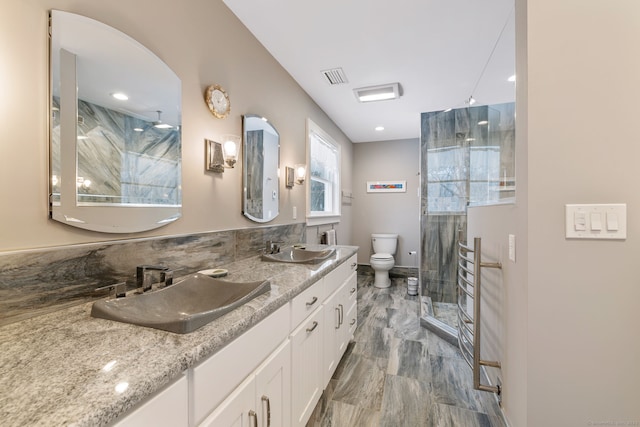 bathroom featuring a shower, vanity, and toilet