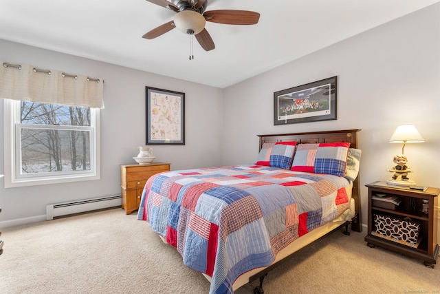 carpeted bedroom featuring ceiling fan and baseboard heating