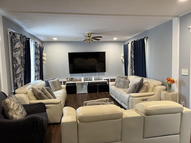 living room featuring ceiling fan and wood-type flooring