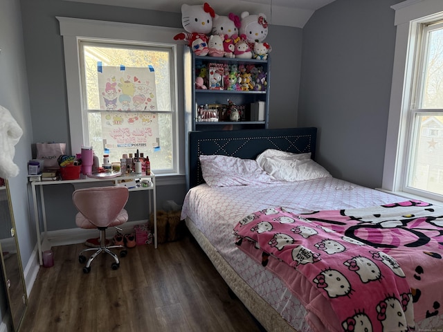 bedroom with dark hardwood / wood-style floors and vaulted ceiling