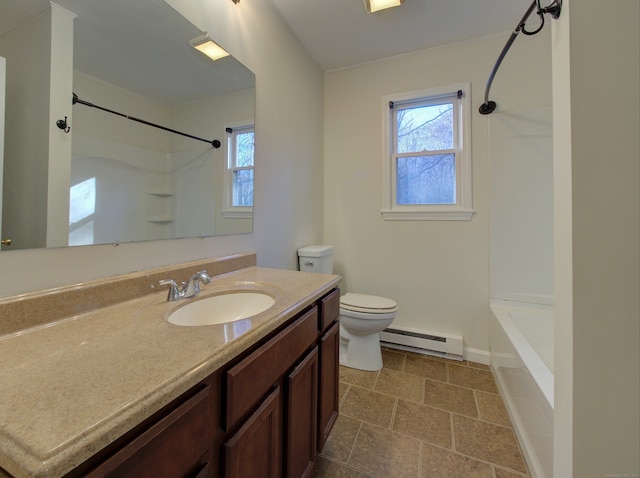 bathroom featuring vanity, toilet, and a baseboard heating unit