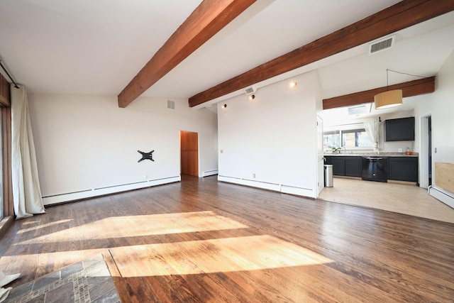 unfurnished living room featuring vaulted ceiling with beams, dark hardwood / wood-style floors, and a baseboard heating unit