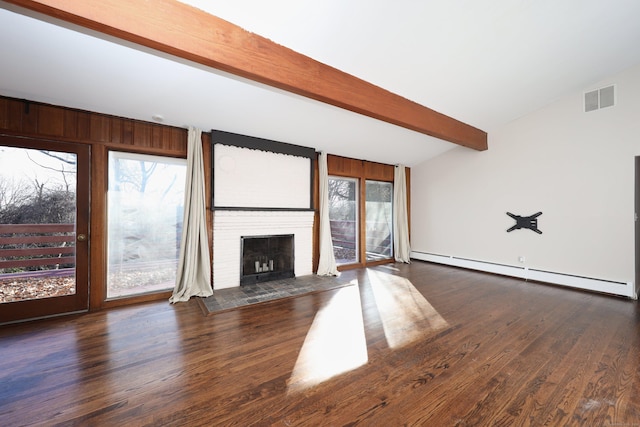 unfurnished living room with dark hardwood / wood-style flooring, vaulted ceiling with beams, and a baseboard radiator