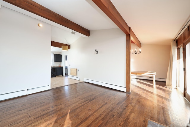 unfurnished living room with baseboard heating, plenty of natural light, lofted ceiling with beams, and hardwood / wood-style flooring