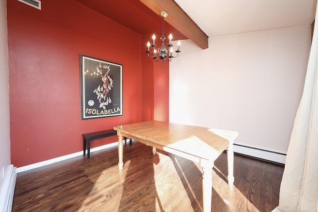 dining room with beam ceiling, dark wood-type flooring, and a baseboard heating unit