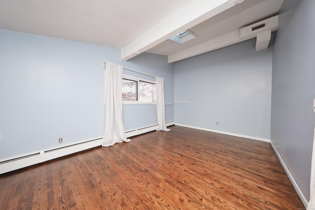 empty room featuring beamed ceiling, dark wood-type flooring, and a baseboard radiator