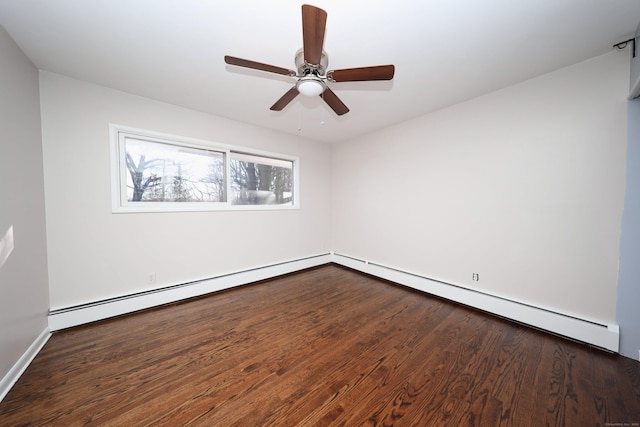 empty room featuring dark hardwood / wood-style floors, ceiling fan, and a baseboard heating unit