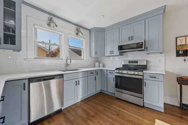 kitchen with sink, stainless steel appliances, decorative backsplash, and dark wood-type flooring