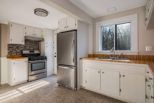 kitchen featuring tasteful backsplash, sink, white cabinets, and stainless steel appliances