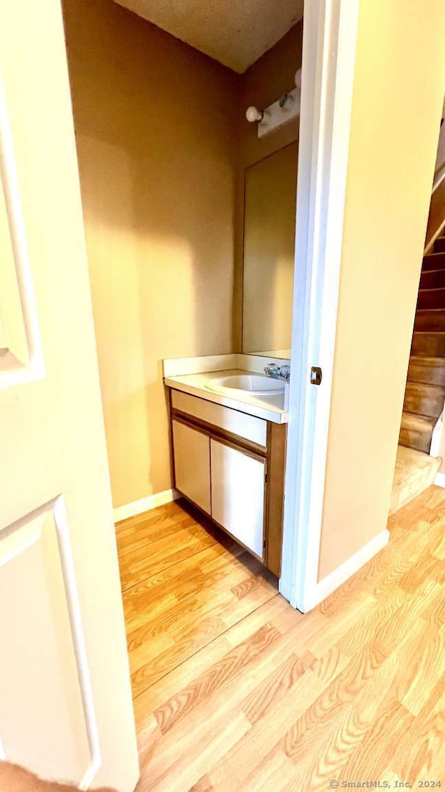 bathroom with vanity and wood-type flooring