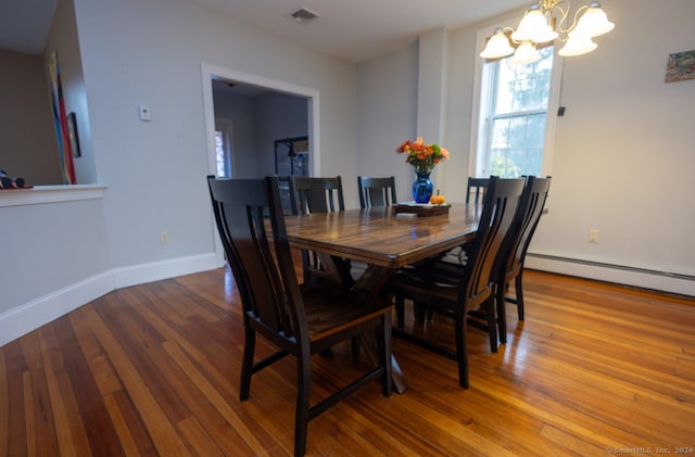 dining room with a chandelier, wood-type flooring, and a baseboard heating unit