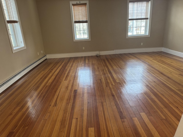 empty room featuring dark wood-style floors, a baseboard radiator, and baseboards