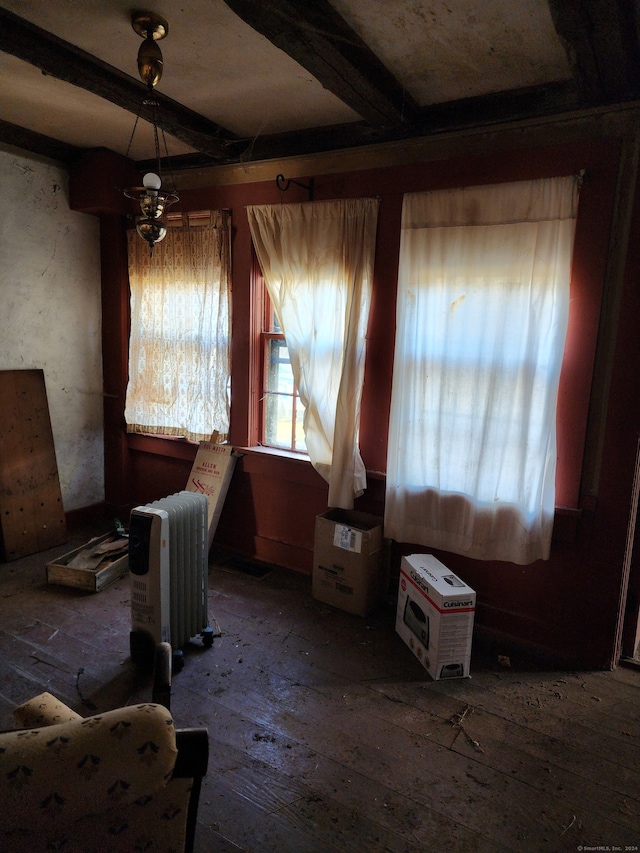 dining room with hardwood / wood-style flooring, ceiling fan, and radiator